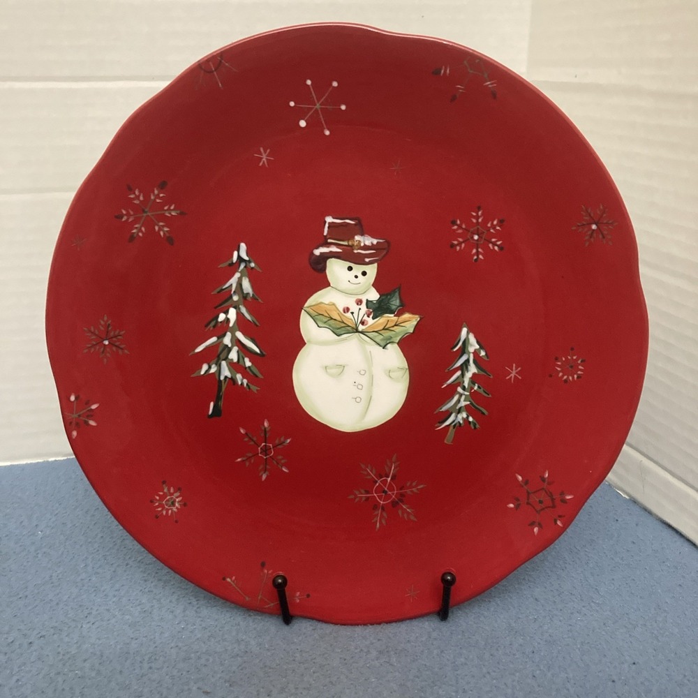 Tracy Porter "Jolly Ol' Snowy" 11" Red Scallop Edge Snowman Dinner Plate